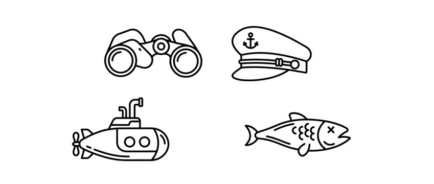 Nautical Icons: Submarine, Binoculars, Captain Hat, Fish