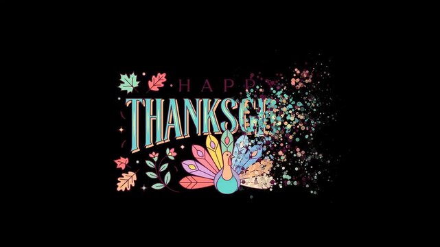 Happy Thanksgiving Celebration with Colorful Turkey and Falling Leaves on Black Background.