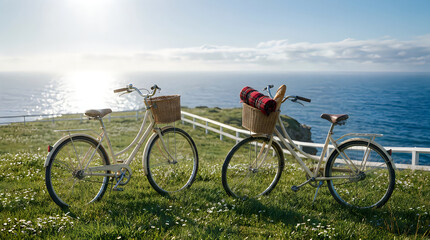 Fototapeta premium Vintage bicycles with picnic baskets on coastal cliff, retro bikes overlooking ocean at sunset, summer leisure and travel concept