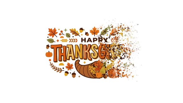 Happy Thanksgiving Celebration with Autumn Leaves and Cornucopia.