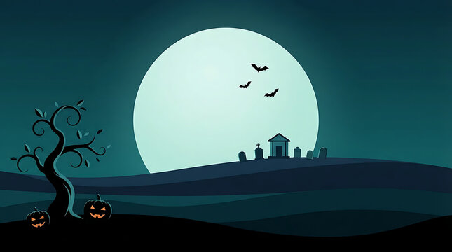 A spooky halloween landscape features a large moon silhouetted trees and illuminated pumpkins night scary