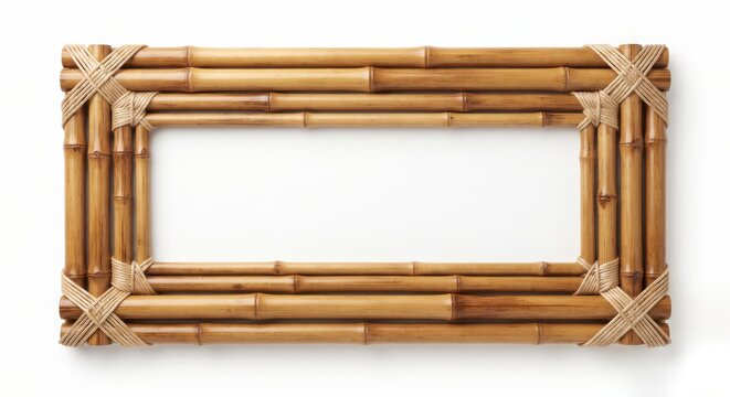 Rustic bamboo frame with rope ties isolated on white background.