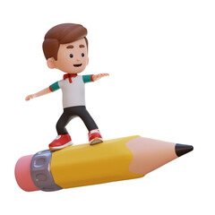3D Cartoon Boy Riding Giant Pencil