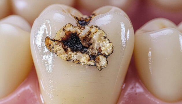 Close-up view of a decayed tooth