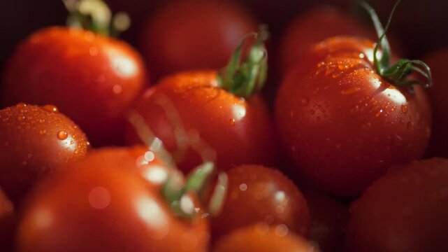 Close-up of ripe red tomatoes with dew droplets illuminated by sunlight. Concept of fresh and natural products as the basis for a healthy and balanced diet