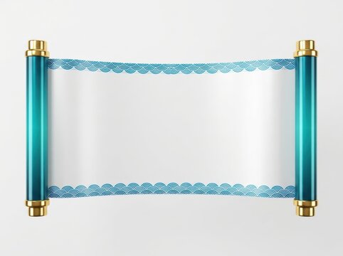 Horizontal teal silk scroll with golden metal handles and blue wave patterns for asian themed presentation template.