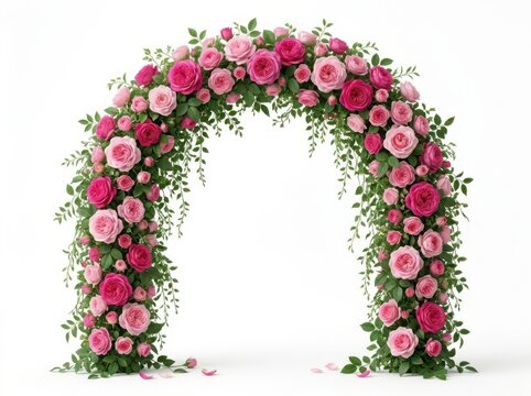 Floral wedding arch decorated with pink roses and lush green leaves for romantic event styling and photography.