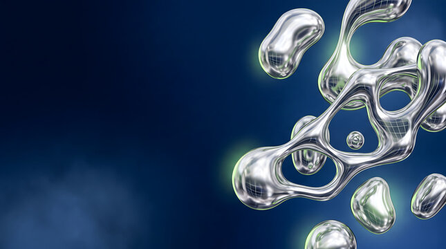 Abstract 3D rendering of chrome liquid metallic blobs with glowing green accent light and wireframe grid texture on dark blue background with copy space. Futuristic tech concept.