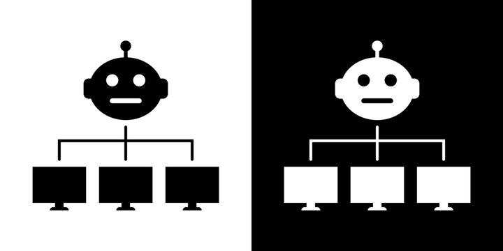 Robot head connected to computer screens icon. Artificial intelligence network control, botnet infrastructure, automated server system, robotics communication UI vector illustration.
