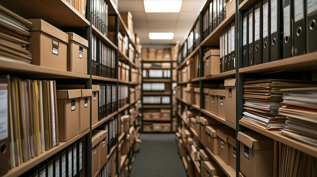 Rows of shelves filled with document binders and cardboard boxes in a library. Archive storage concept for legal or.