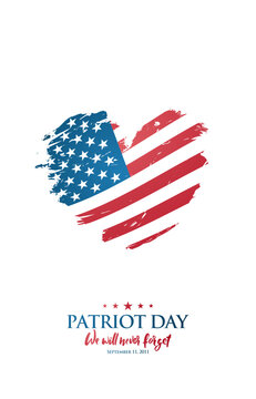 Heart-shaped design features American flag stripes, symbolizing unity and resilience. Patriot Day, honoring memories of September 11.