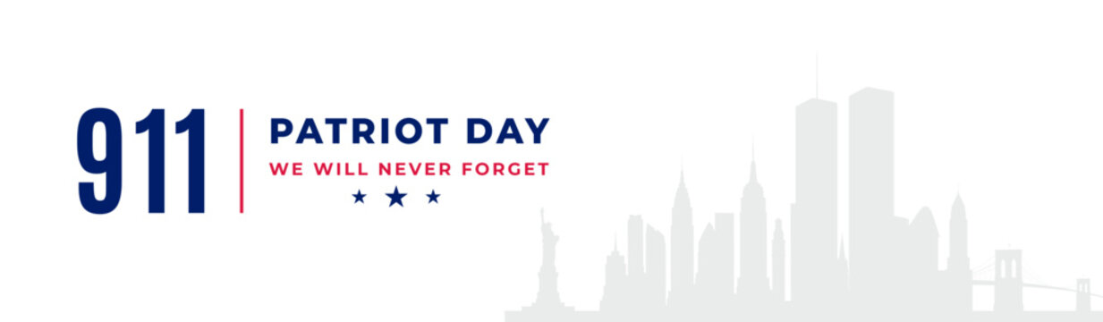 Patriot Day tribute showcasing skyline silhouette with bold text conveying remembrance. Subtle colors evoke emotions of unity and reflection on September 11.