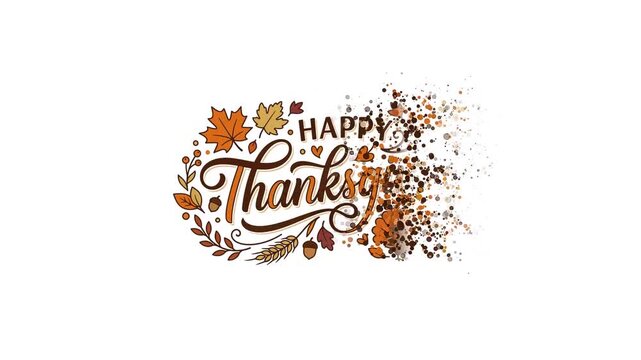 Happy Thanksgiving text with autumn leaves and turkey on white background, dissolving into particles.
