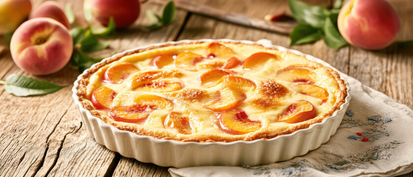 French Peach Clafoutis Style Flan with Fresh Peaches &ndash; AI Generative