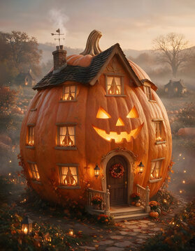 Halloween theme giant pumpkin cottage in fairy tale style setting