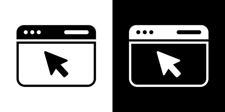 Web browser window icon with a mouse cursor arrow, symbolizing web navigation, online clicking, user experience, and internet browsing. Black and white vector.