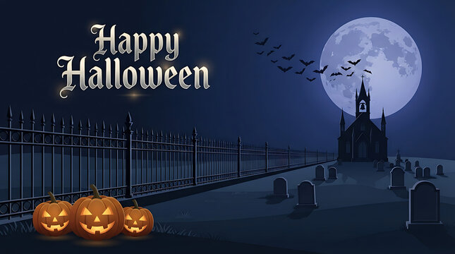A halloween scene depicts a gothic church illuminated pumpkins and a full moon in a dark night sky