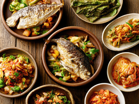Traditional Korean Cuisine with Grilled Fish and Fermented Side Dishes &ndash; AI Generative