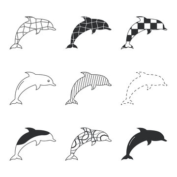 Multi Style Dolphin Icon Set &ndash; Abstract Geometric Line Art Marine Animal Vector Collection