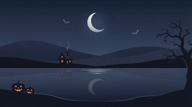 A dark halloween landscape with a small house crescent moons and carved pumpkins is depicted in vector style
