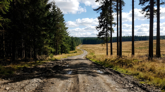 Scenic forest dirt road through pine trees. Rural woodland path under blue sky. Sunny wilderness landscape with gravel trail.