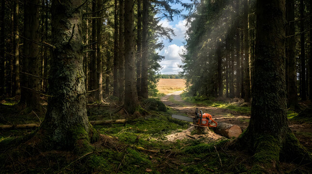 Sunlit coniferous forest with chainsaw on log, ethereal sunbeams through pine trees, forestry and timber industry concept