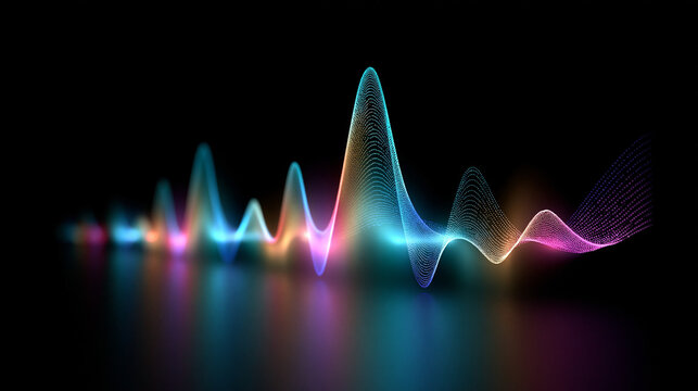 Neon glowing sound wave visualization on a black background. Use for futuristic digital audio technology and data.