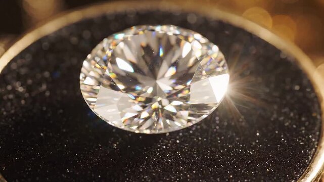 Brilliant diamond gemstone rotates on a black velvet display, showcasing its facets and reflections under warm lighting in a luxurious setting