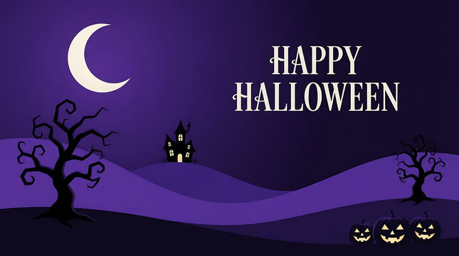 A halloween landscape vector illustration features a crescent moon haunted house and carved pumpkins against a purple gradient