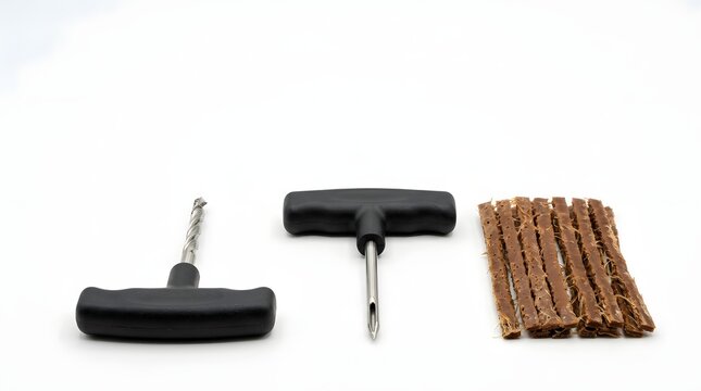 Tools and dowels arranged on white background