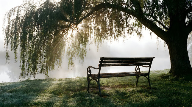 Serene park bench under weeping willow tree, misty morning landscape with sunbeams, peaceful garden solitude in nature