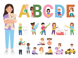 Fototapeta premium Cartoon Children Educational Activities, Dental Hygiene, and Play Vector Set