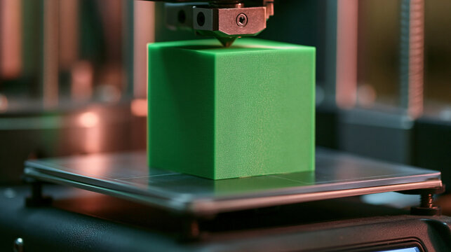 A 3D printer creates a green cube object with precision layer deposition. Useful for technology and modern.