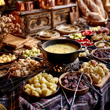 Traditional Swiss Cheese Fondue with Rustic Dipping Ingredients &ndash; AI Generative