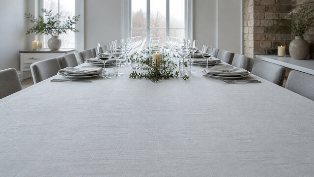 An ultra wide panoramic view down the length of a long empty dining