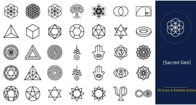 Sacred geometry vector icons, 35 mystical spiritual symbols set, black line alchemy and esoteric elements for branding
