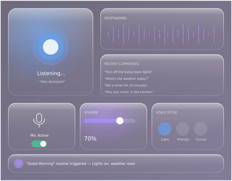 Glassmorphism voice assistant interface, smart home dashboard with frosted glass panels, futuristic AI control panel vector