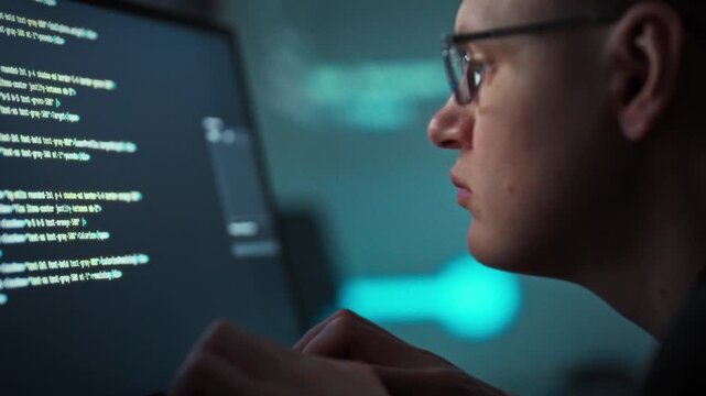Coding efficiently on desktop computer, a focused programmer with glasses employs artificial intelligence tools to accelerate software development, showcasing modern coding workflow in a tech office