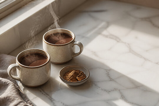 Two cups of dark cocoa on a marble counter with a small dish of spice