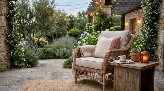 Cozy Rattan Armchair on Stone Patio with String Lights