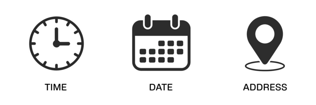 time date and address icon set with calendar clock and location symbols