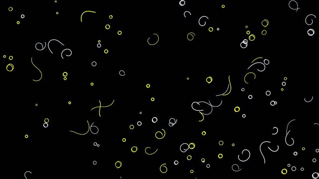This abstract background animation features white and yellow glowing circles and scribbles floating against a deep black backdrop. The dynamic motion creates an elegant and modern visual design effect