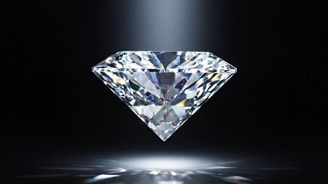 Brilliant diamond gemstone illuminated by a beam of light, showcasing its facets and clarity against a dark background with reflections on a smooth surface