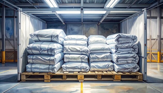 Stacked white bags in industrial warehouse storage space.