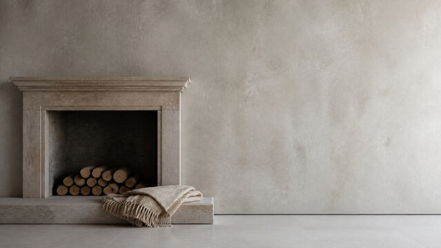 An unlit fireplace with neatly stacked logs and a folded wool throw