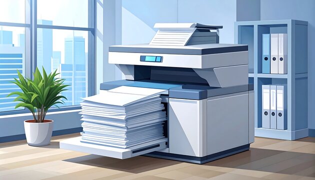 Smart document scanner office equipment illustration with paper feed and stacked documents, modern digital workplace concept for business and administration.
