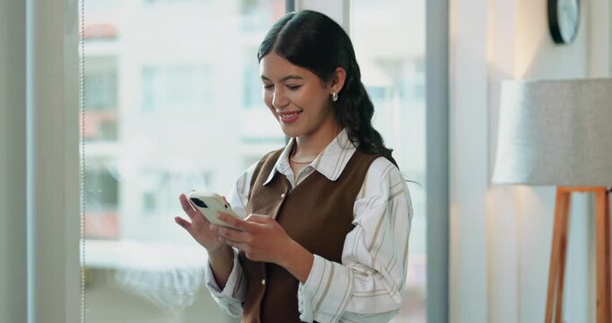Business, woman and lawyer in office with phone, research and online evidence for court case. Smile, attorney and reading at law firm with mobile, witness statement and legal records for proceedings