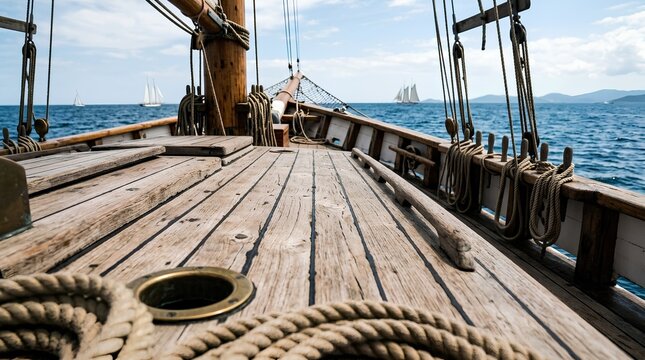 Vintage Wooden Sailing Ship Deck View with Rigging at Sea