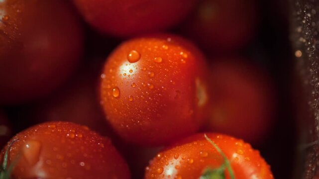 Freshly picked ripe tomatoes with green leaves lie in a metal bowl. A summer harvest and natural, organic vegetable theme. A close-up of a metal bowl in warm light