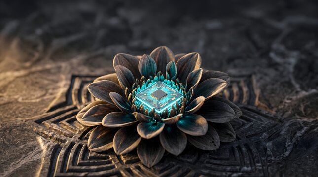 A blooming flower cradling a glowing microchip inside